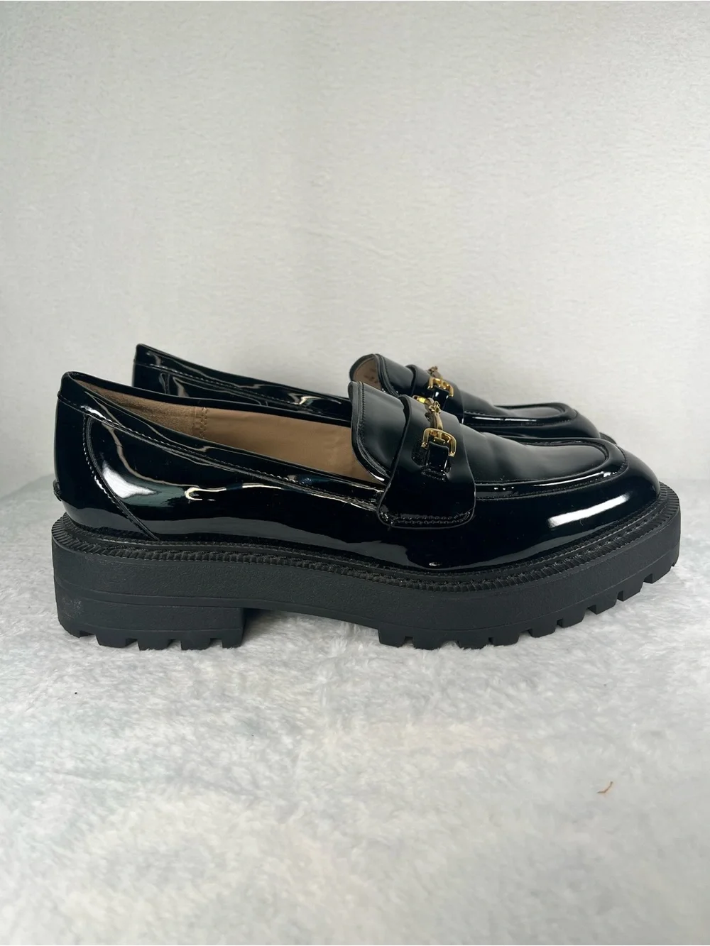Sam Edelman Laurs Black Patent Leather Chunky Platform Horsebit Lug Loafer 9.5